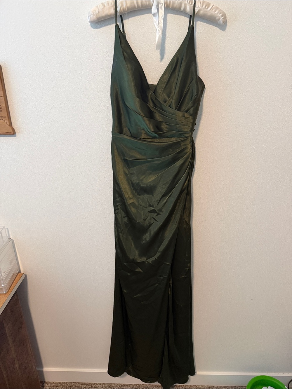 Dark Green Satin V-Neck Maxi Dress with Spaghetti Straps
